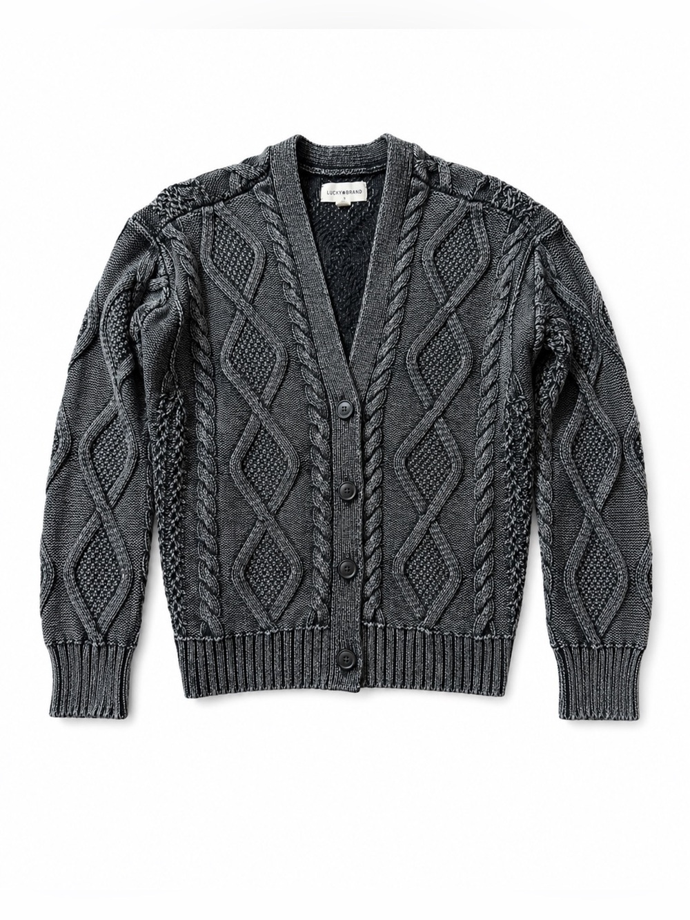 Lucky Brand - Charcoal Cable-Knit V-Neck Cardigan Sweater